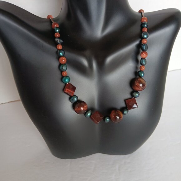 Hand Crafted Beaded Necklace With Blue Baroque Pearls & Brown Stone Beads NWT - Picture 9 of 16